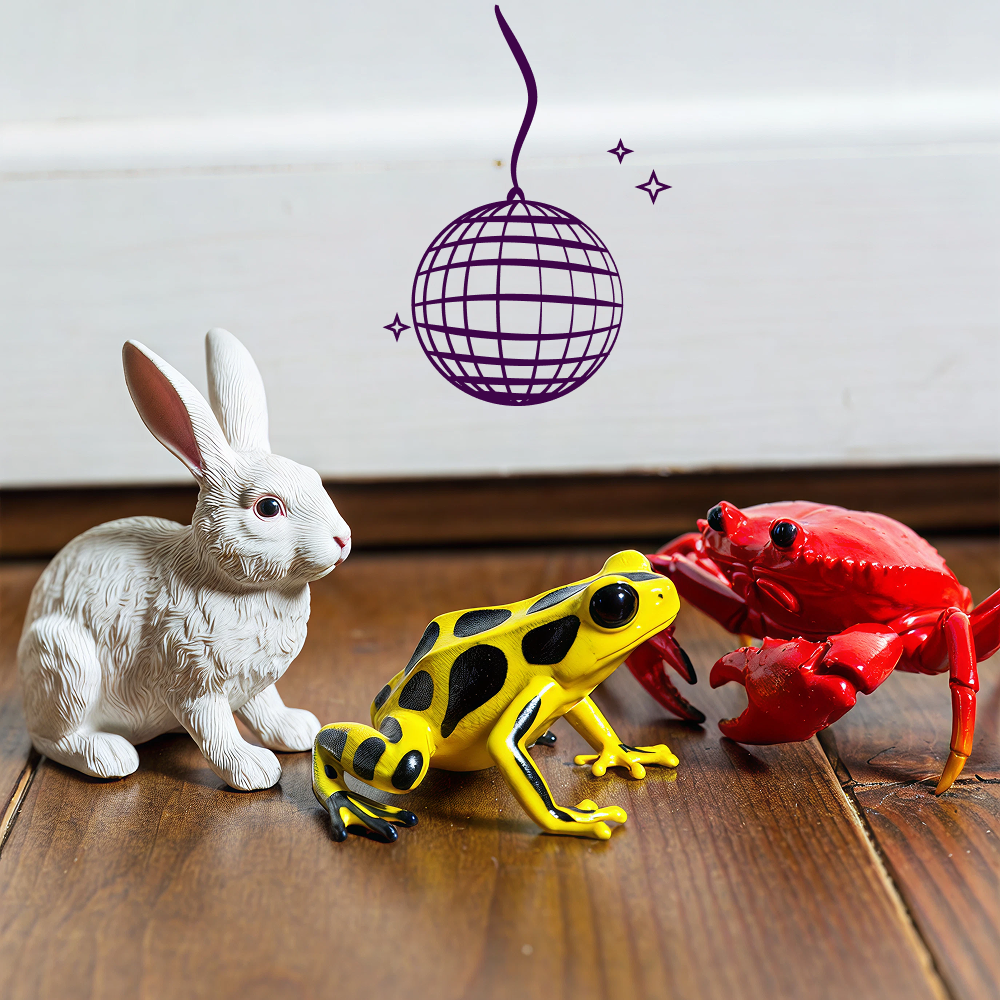 Animal Songs for Kids playlist cover featuring toy rabbit, frog, and crab figurines with a purple disco ball doodle above.