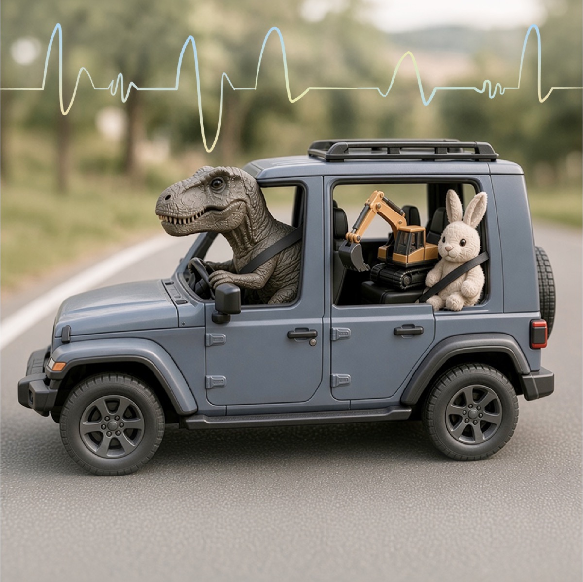 Calm Construction, Dino and Animal Song playlist cover featuring a dinosuar driving a toy bunny and excavator in their car seats.