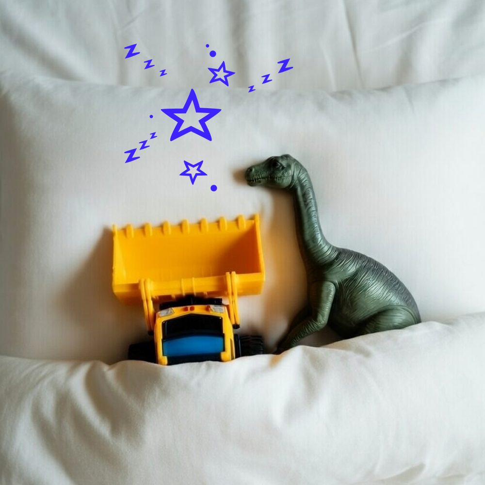 Calm Construction and Dino Songs playlist cover featuring a toy loader and long-necked dinosaur tucked into bed with blue star doodles above.
