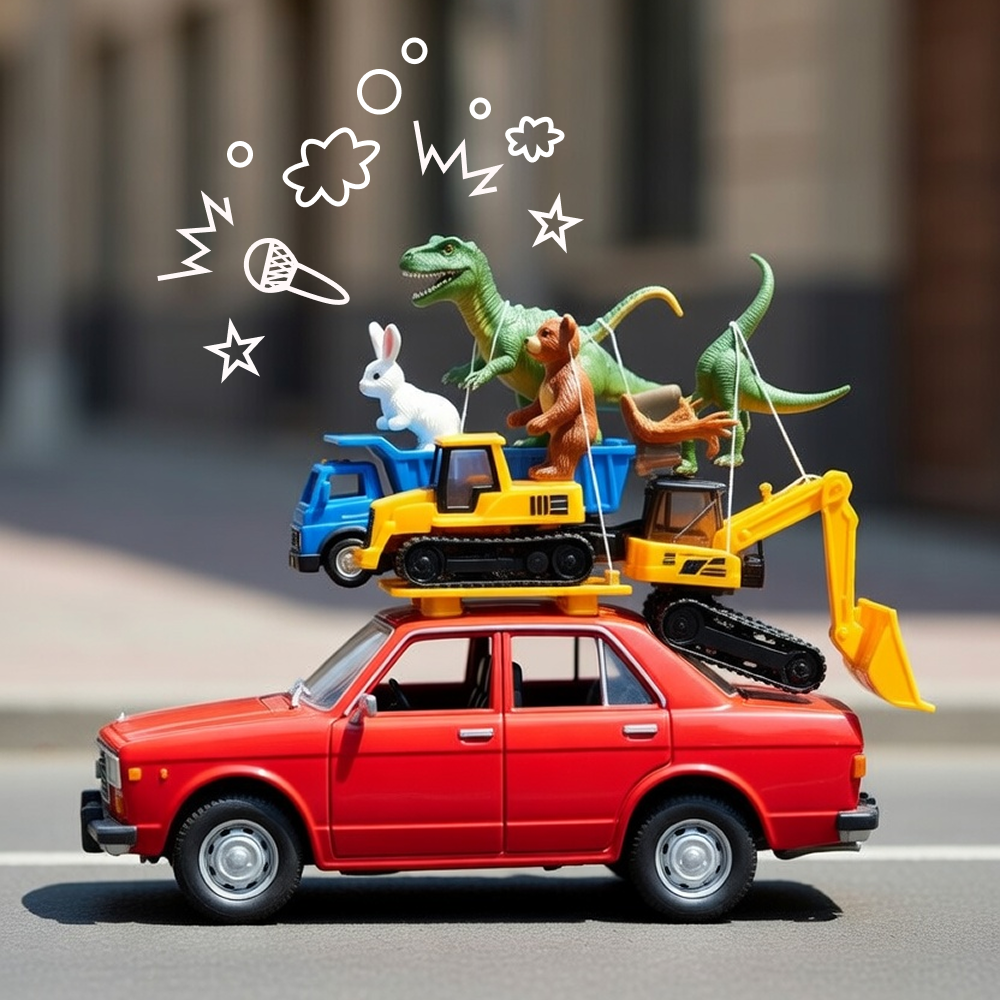 Kids Car Ride Grooves playlist cover featuring a red toy car stacked with toy trucks, dinosaurs, and animals on the roof.