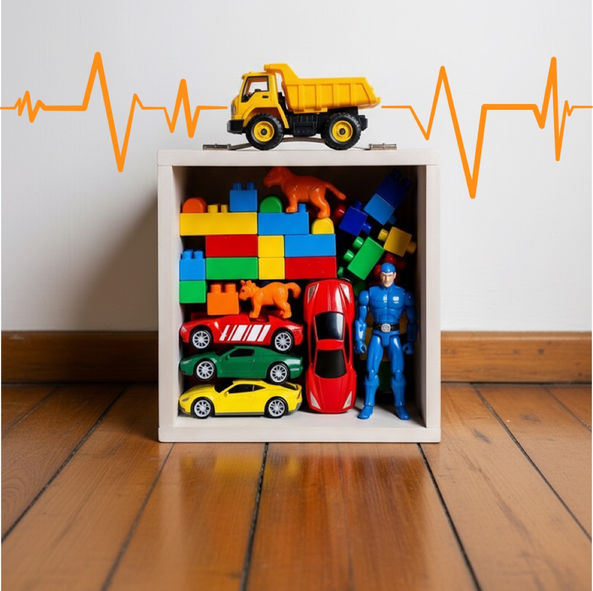 Clean Up Kids playlist cover featuring a white shelf stacked with toys and a dump truck on top with an orange electronic music doodle behind.