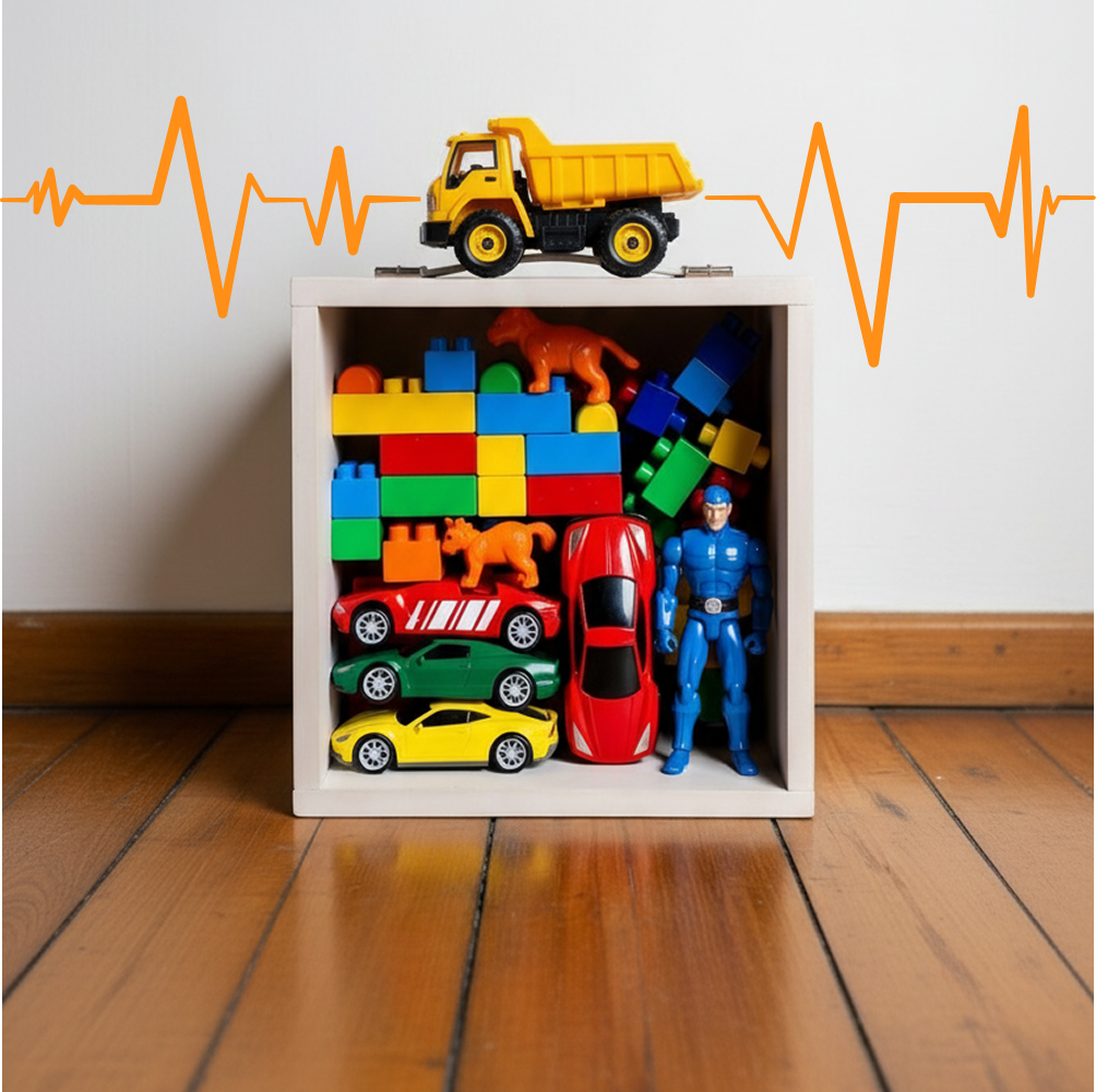 Clean Up Kids playlist cover featuring a white shelf stacked with toys and a dump truck on top with an orange electronic music doodle behind.