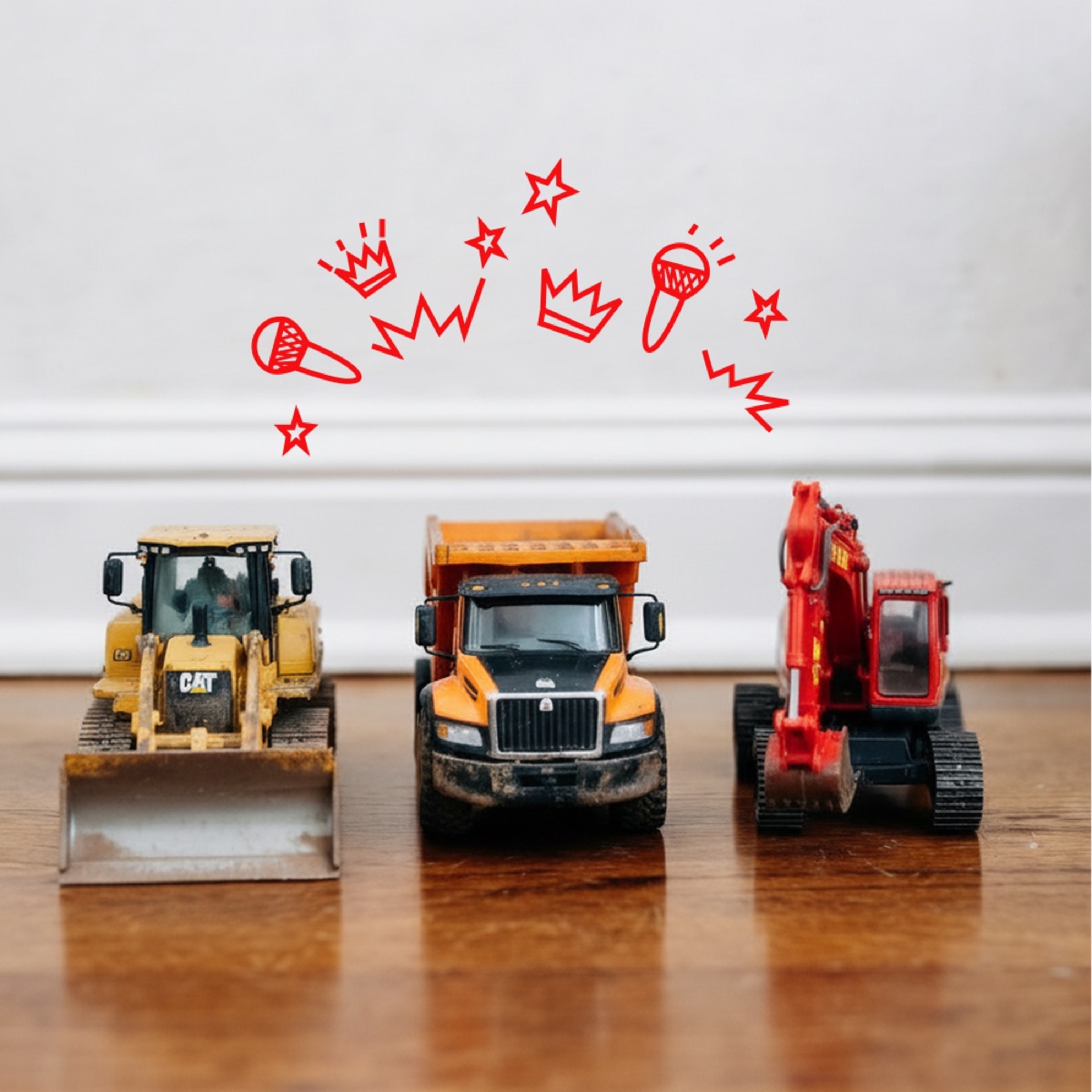 Construction Songs for Kids playlist cover featuring a bulldozer, dump truck, and excavator toys with red doodles above