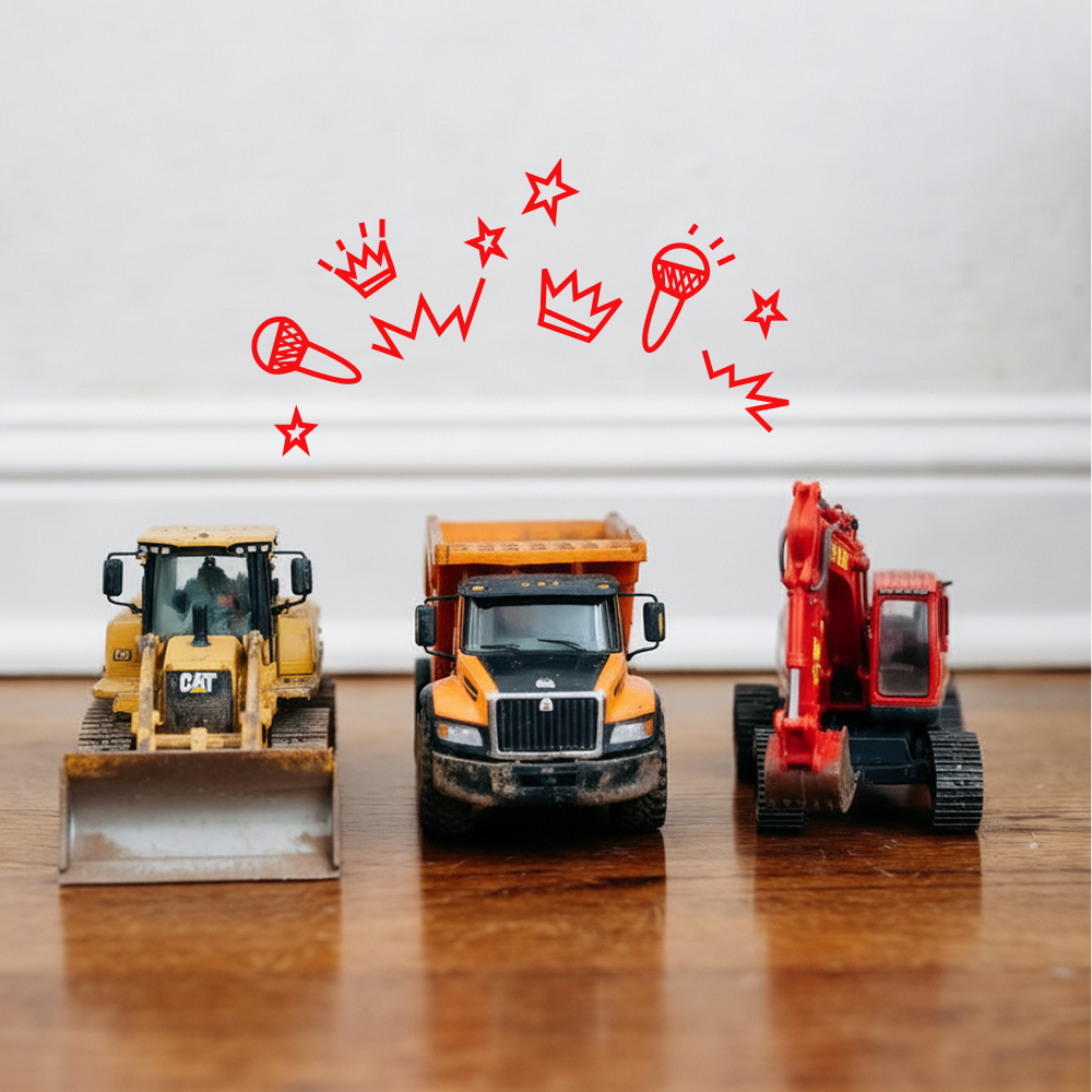 Construction Songs for Kids playlist cover featuring a bulldozer, dump truck, and excavator toys with red doodles above