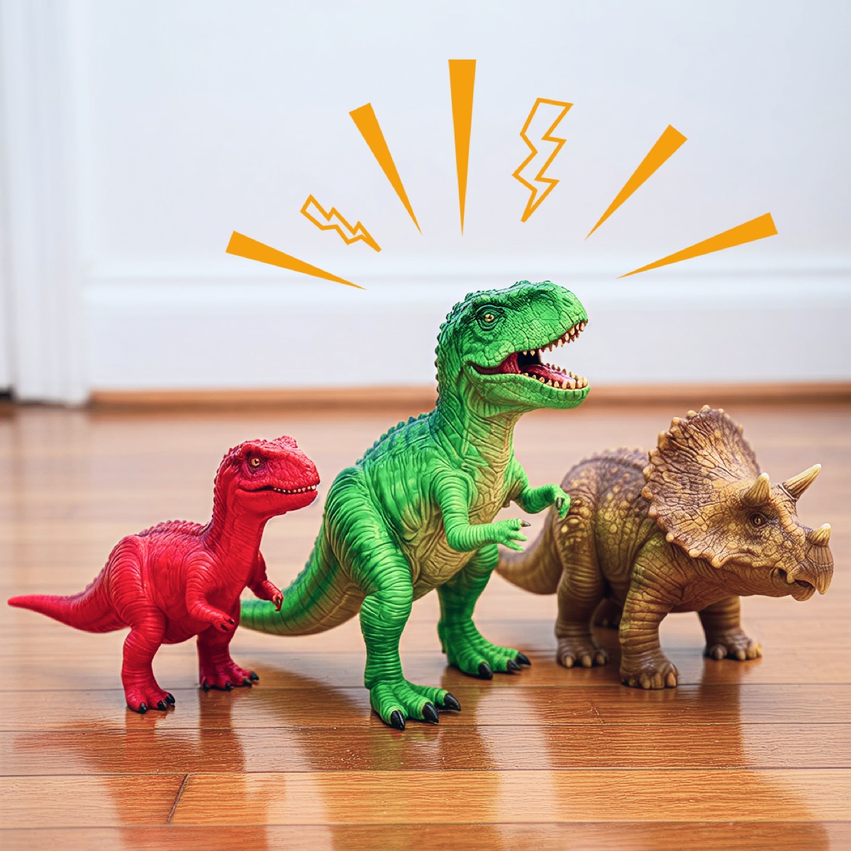 Dinosaur Songs for Kids playlist cover featuring toy dinosaurs on a wooden floor with orange musical doodles above them.