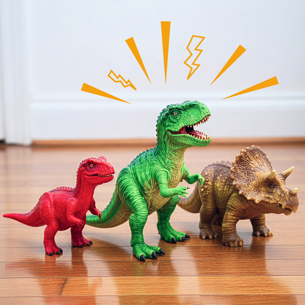 Dinosaur Songs for Kids playlist cover featuring toy dinosaurs on a wooden floor with orange musical doodles above them.