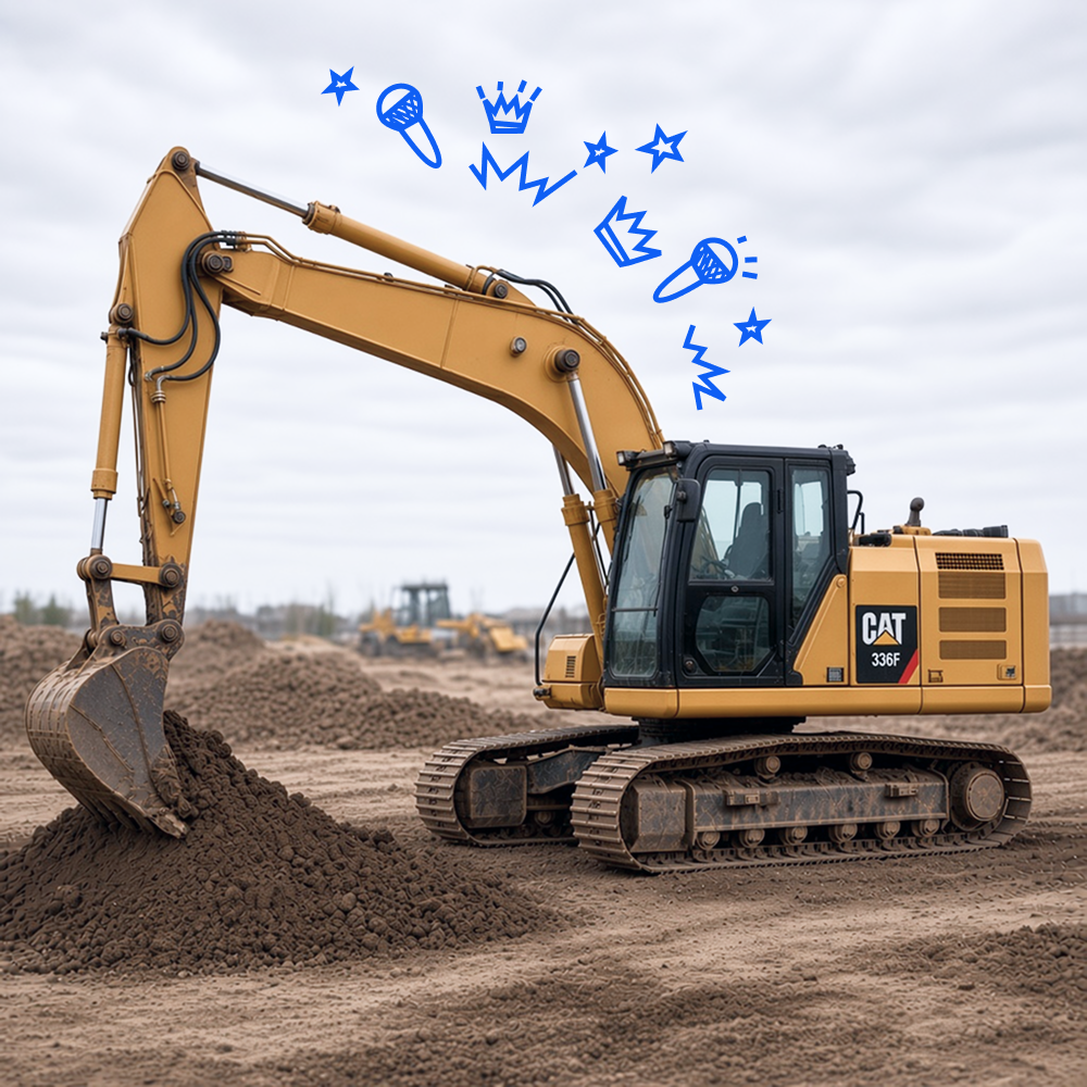 Excavator Songs for Kids playlist cover featuring a yellow excavator with blue microphone, crown, and star doodles above.