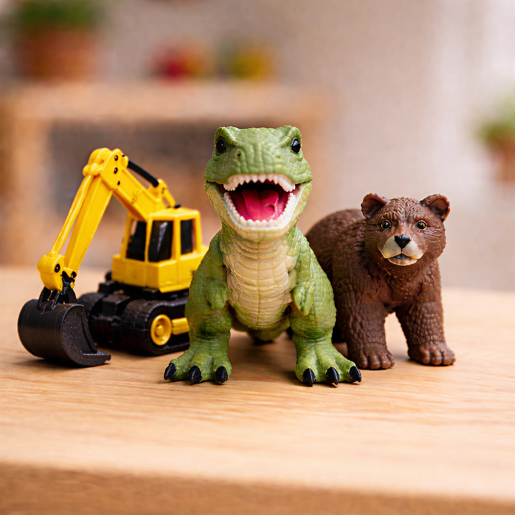 Best of Little Tune Lab playlist cover featuring a toy T-Rex, excavator, and bear on a wooden table.