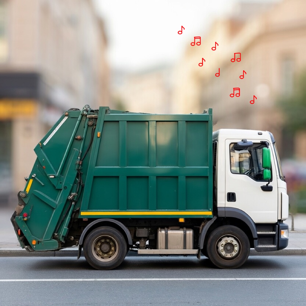 Trash Truck Songs playlist cover featuring a green and white garbage truck with red musical note doodles streaming from the cab.