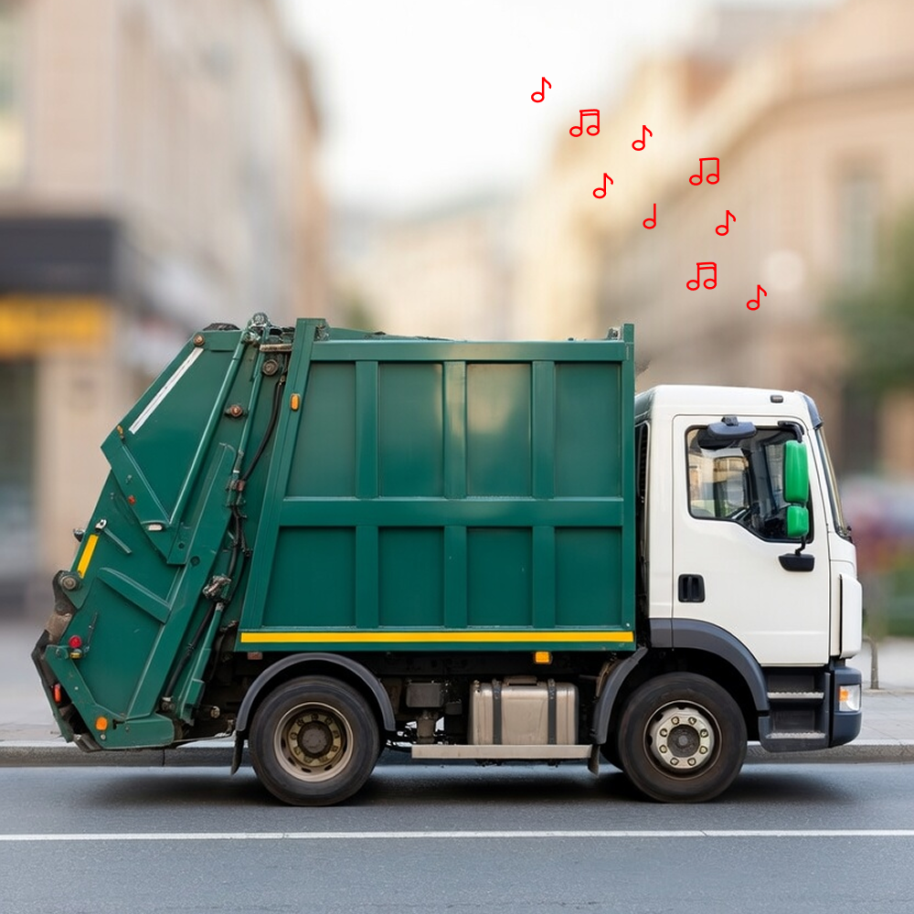 Trash Truck Songs playlist cover featuring a green and white garbage truck with red musical note doodles streaming from the cab.